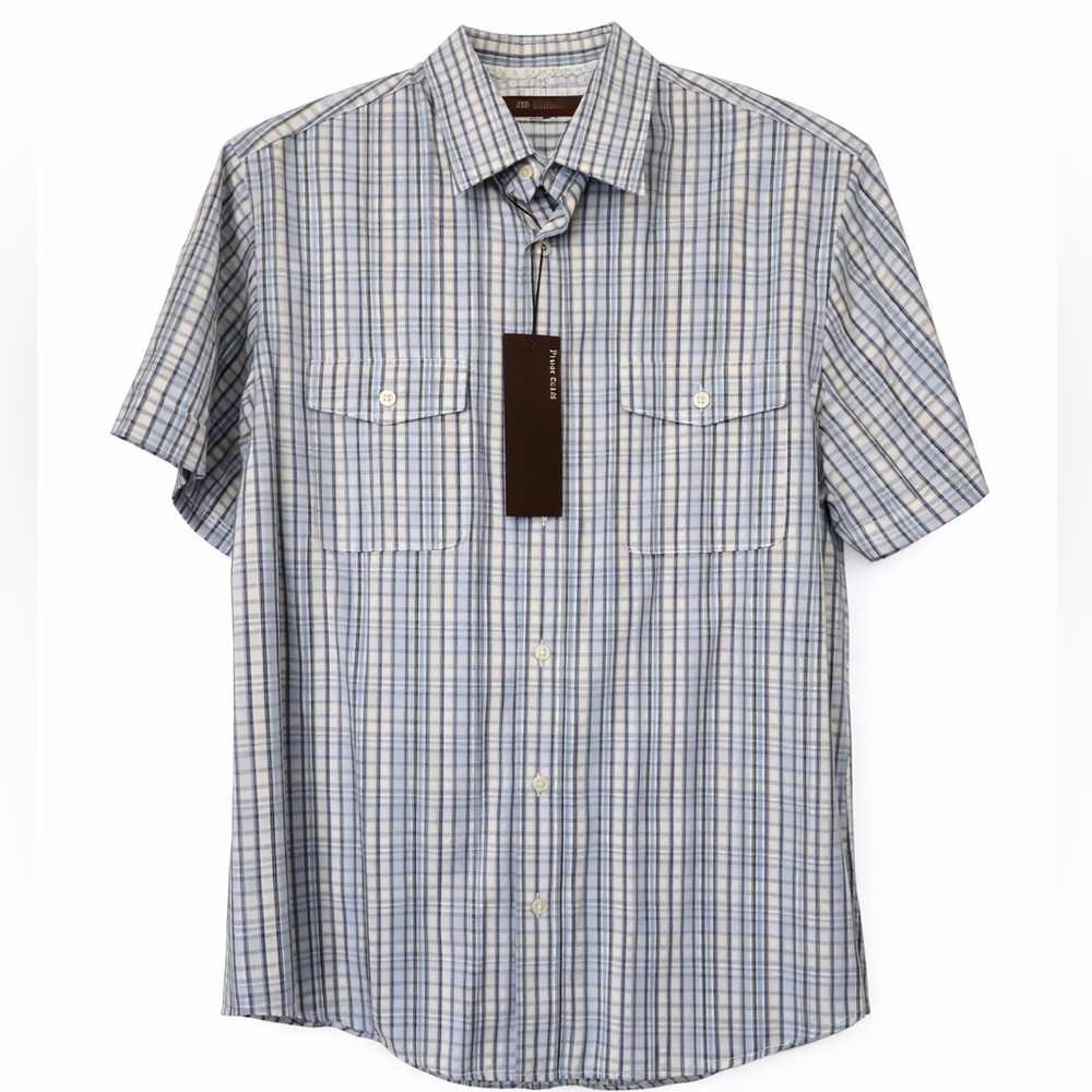 NWT Perry Ellis button-down shirt short sleeve blue gray plaid size L
